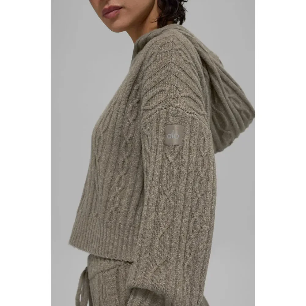 NEW Alo Yoga Cable Knit Winter Bliss Hoodie Light Cocoa Cozy Luxe Cropped Soft M